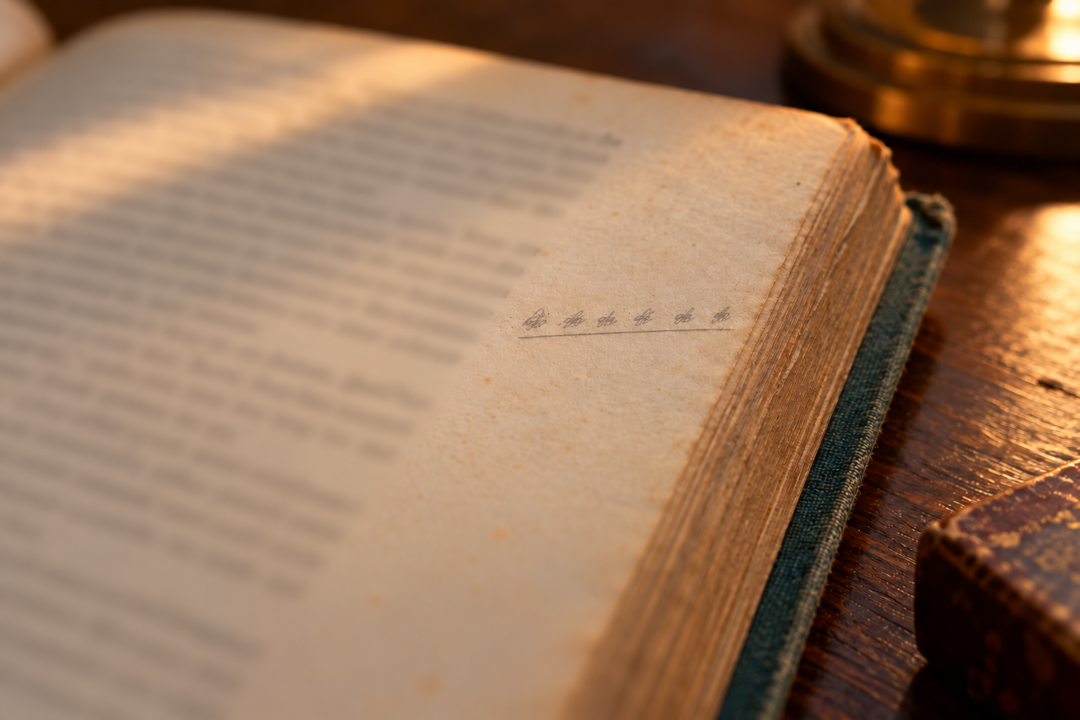 Illustration: pencil marks in the margin of a worn novel, with no readable quotation.