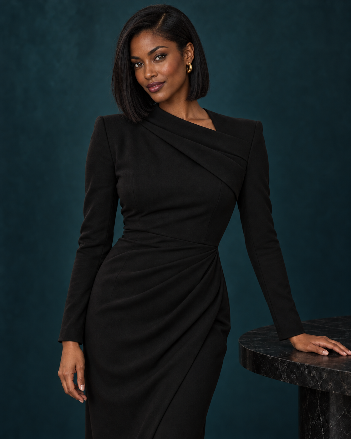 Vera, a fictional adult Black woman with a sleek black bob in an elegant black dress